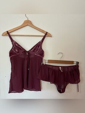 Vintage Victoria Secret Sheer Camisole & Shorts Brief Set Burgundy purple